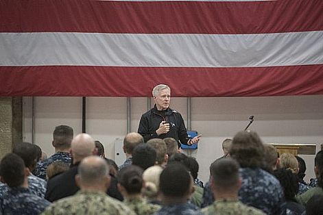 Secretary of the Navy (SECNAV) Ray Mabus holds an all-hands call at Naval Air Station Sigonella. Mabus is in the area as part of a multinational tour to meet with Sailors and Marines, and government and military leaders.  U.S. Navy photo by Petty Officer 1st Class Armando Gonzales (Released)  161128-N-LV331-001