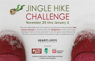 Jingle bells will be tied to a tree in twelve Metro East parks. Participants have six weeks to find the tree in each park, take a selfie, and post to facebook, twitter, or instagram using #jinglehike or email in the photo to treks@heartlandsconservancy.org. 