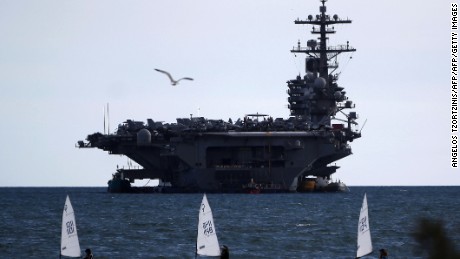 The aircraft carrier USS George H W Bush is moored outside Piraeus port southwest from  Athens, on March 5, 2014. The 1,092 feet (333 metres) carrier which can carry 6,000 personnel, is one of the worlds largest warships. AFP PHOTO / Angelos Tzortzinis        (Photo credit should read ANGELOS TZORTZINIS/AFP/Getty Images)