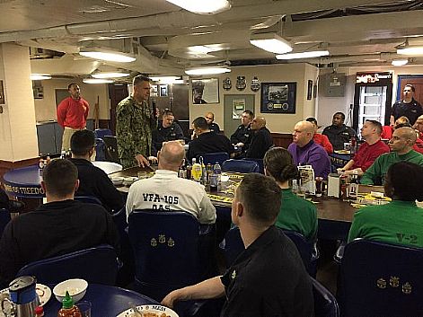Chief of Naval Personnel Vice Adm. Robert Burke addresses the chief's mess during an all hands call discussing Sailor 2025 and rating modernization aboard aircraft carrier USS Dwight D. Eisenhower (CVN 69). Dwight D. Eisenhower and its carrier strike group are deployed in support of Operation Inherent Resolve, maritime security operations and theater security cooperation efforts in the U.S. 5th Fleet area of operations.   U.S. Navy photo by Lt. Cmdr.  Nathan Christensen (Released)  161031-N-5068Z-001