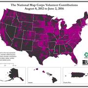 Status graphic of The National Map Corps volunteer contributions covering the US and Puerto Rico since August 2012. Each dot 