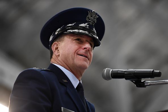 Air Force Chief of Staff Gen. David L. Goldfein speaks about Secretary of the Air Force Deborah Lee James, during her farewell ceremony at Joint Base Andrews, Md., Jan. 11, 2017.  James took office as the 23rd secretary of the Air Force in December 2013. (U.S. Air Force photo/Scott M. Ash)