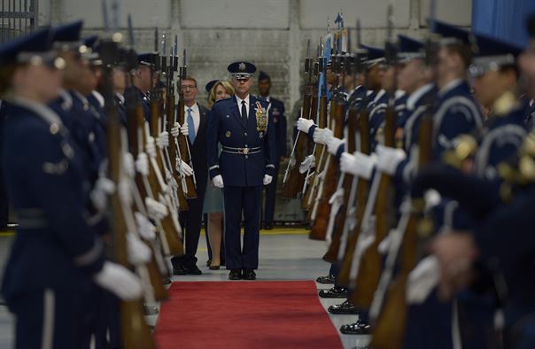 Lt. Col. Peter Tritsch, the U.S. Air Force Honor Guard commander, leads Secretary of the Air Force Deborah Lee James into her farewell ceremony at Joint Base Andrews, Md., Jan. 11, 2017.  James took office as the 23rd secretary of the Air Force in December 2013. (U.S. Air Force photo/Tech. Sgt. Joshua L. DeMotts) 