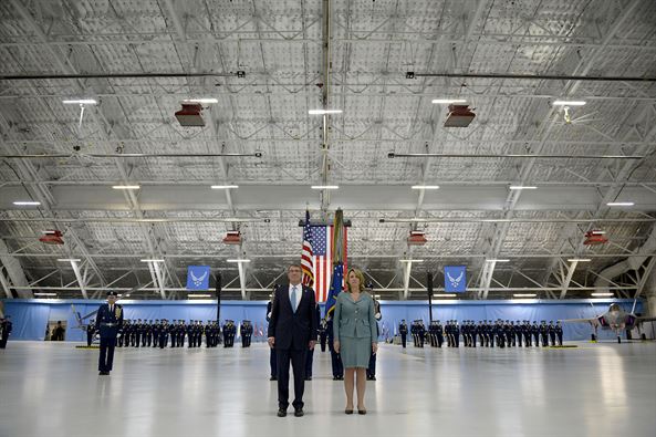 Secretary of Defense Ash Carter and Secretary of the Air Force Deborah Lee James listen to the citation for her Distinguished Public Service award during James' farewell ceremony at Joint Base Andrews, Md., Jan. 11, 2017.  James took office as the 23rd secretary of the Air Force in December 2013. (U.S. Air Force photo/Tech. Sgt. Joshua L. DeMotts)