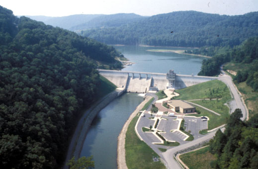 Aerial view of Stonewall Jackson Lake and dam