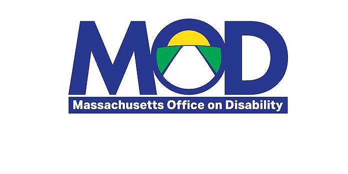 blue "MOD" lettering with the "O"'s interior colored in yellow at the top, green on the sides.  Below the initials it reads in white lettering on blue background "Massachusetts Office on Disability".