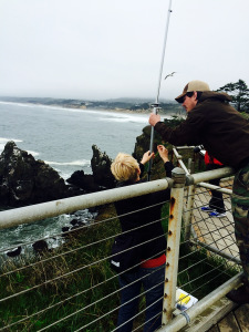 Amanda and Ian adjust the VHF antenna to try and catch 24-hour presence-absence data for a tagged common murre.