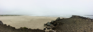 A panoramic view of the South Jetty and the beaches of Newport.