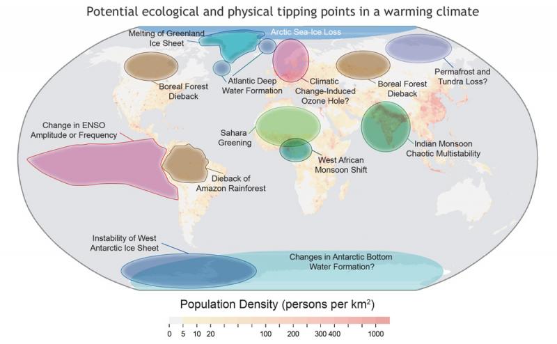 Map showing potential tipping points that may be reached if warming continues.