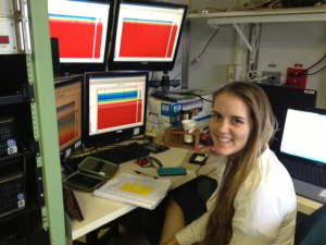 Adrienne Copeland monitors our acoustics station during our 2014 IEA cruise. 