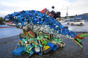 This sculpture was made entirely of trash found in the ocean. 