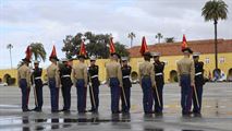 The honormen of Fox Company, 2nd Recruit Training Battalion, return the guidons to their drill instructors during the graduation ceremony at Marine Corps Recruit Depot San Diego, Jan. 13. These guidons have been carried by the platoon guides for the duration of training, and this portion of the ceremony marks the disbanding of the platoons. Annually, more than 17,000 males recruited from the Western Recruiting Region are trained at MCRD San Diego.