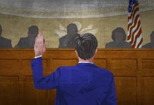 Graphic of man with hand raised before Senate committee (State Dept./Doug Thompson)