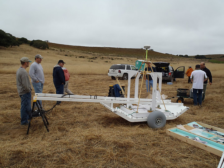 During July 2011, U.S. Army Corps of Engineers employees participate in hands-on MetalMapper training at the former Fort Ord military base in the Monterey Bay area of California. The device provides a new classification technology for sub-surface anomalies on Formerly Used Defense Sites, and is expected to help technicians better distinguish between unexploded ordnance and other metals beneath the soil.  This training focused on how to get the device up and running to acquire data. (Courtesy photo)