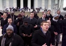 Singers performing in front of Lincoln Memorial (Courtesy of Maccabeats)