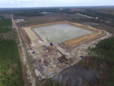 An aerial view of the Raw Water Storage Impoundment, constructed as part of the Savannah Harbor Expansion Project, currently sits at 56 percent completion.