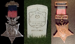 Photographs of early Army and Navy Medals of Honor and a Medal of Honor headstone.
