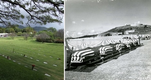 Left: Burial section at NMCP, today. Right: Flag draped caskets for interment at NMCP in 1949.