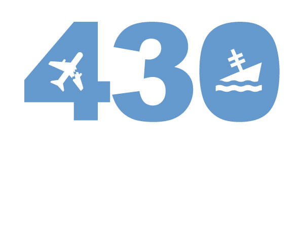 illustration of the number 430 with a airplane and shipwreck