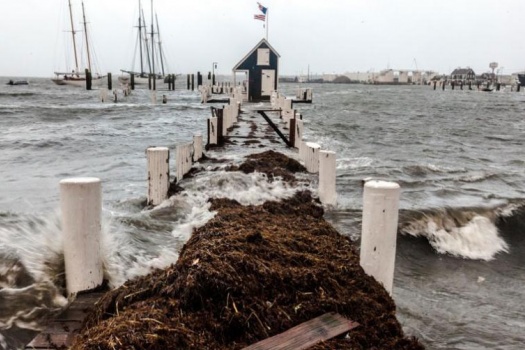 Photo of rough winds and waves from Hurricane Sandy battering Black Dog Wharf at Vineyand Haven, Mass. on Oct. 29, 2012.