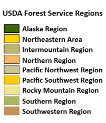 A legend that lists all Forest Service regions