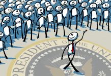 Ilustrasi orang yang berjalan jauh dari keramaian, segel Presiden AS di bawahnya (State Dept./Doug Thompson)