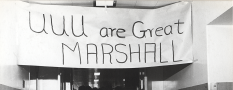 A banner reading "UUU are Great Marshall" hung in a hallway.