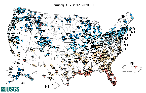 Map of the United States, showing which states provide real-time computed water-quality data