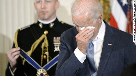 WASHINGTON, DC - JANUARY 12:  (AFP OUT) U.S. Vice President Joe Biden wipes his eyes as Preident Barack Obama presents him with Medal of Freedom during an event  in the State Dinning room of the White House January 12, 2017 in Washington, DC. (Photo by Olivier Douliery-Pool/Getty Images)