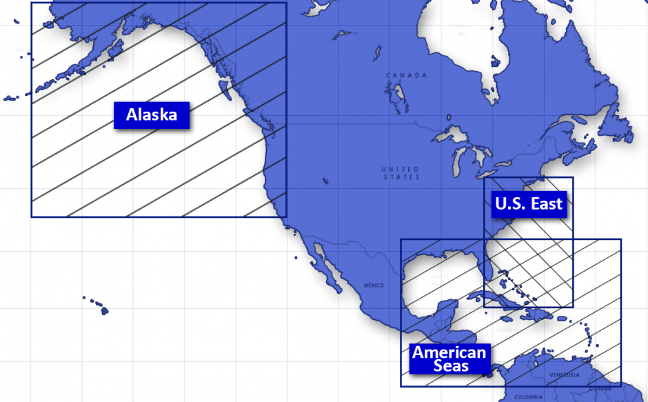 Regional NCOM Alaska, American Seas, and U.S. East coverage map.