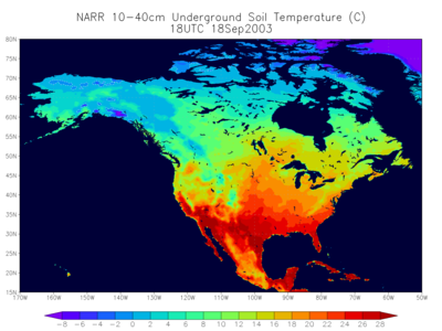 A sub-region plot of NARR underground soil temperature (a layer from 10 cm to 40 cm below ground) at 18 UTC on September 18, 2003