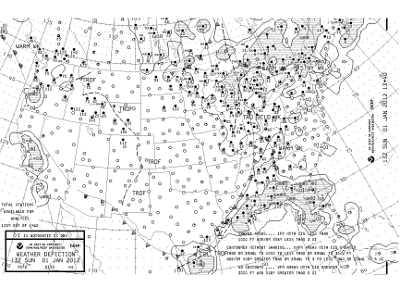 A National Weather Service graphical depiction of weather over the continental United States for Sunday, January 1, 2012, at 13 UTC