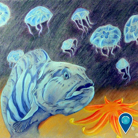 photo of a drawing of fish and jellies under water