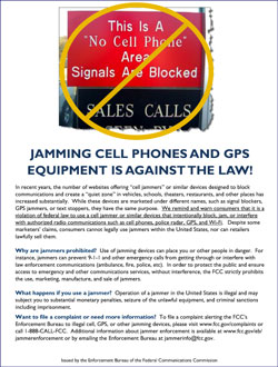 Thumbnail of FCC poster with headline: JAMMING CELL PHONES AND GPS EQUIPMENT IS AGAINST THE LAW!