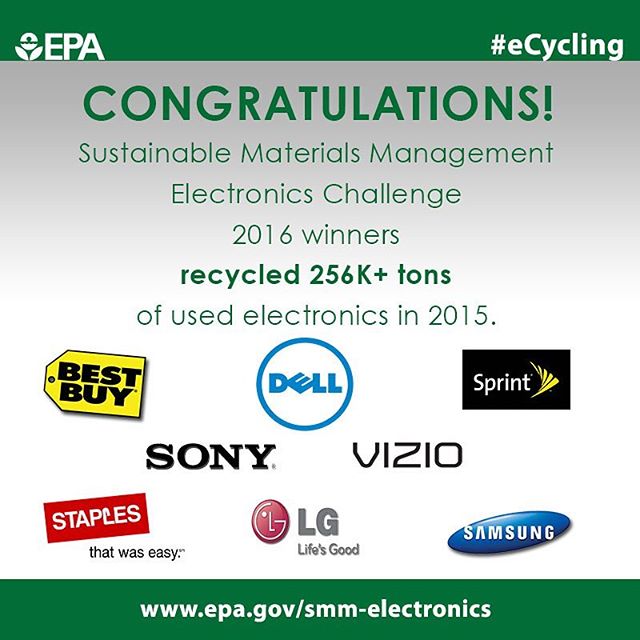 Congratulations to our #ElectronicsChallenge Award winners – Best Buy, Dell, LG Electronics USA, Samsung Electronics, Sony Electronics, Sprint, Staples, and VIZIO! Our participants saved the GHG equivalent of powering 90,000+ homes a year! #CES2017