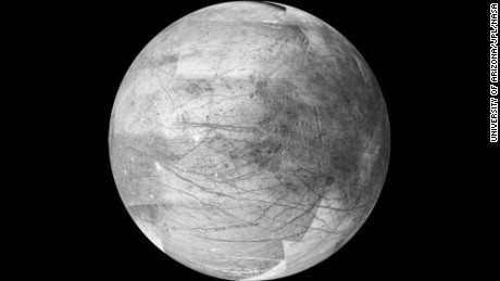 Jupiter&#39;s icy moon Europa may be the best place in the solar system to look for extraterrestrial life, according to NASA. The moon is about the size of Earth&#39;s moon and there is evidence it has an ocean beneath its frozen crust that may hold twice as much water as Earth. NASA&#39;s 2016 budget includes a request for $30 million to plan a mission to investigate Europa. The image above was taken by the Galileo spacecraft on November 25, 1999. It&#39;s a 12-frame mosaic and is considered the the best image yet of the side of Europa that faces Jupiter.