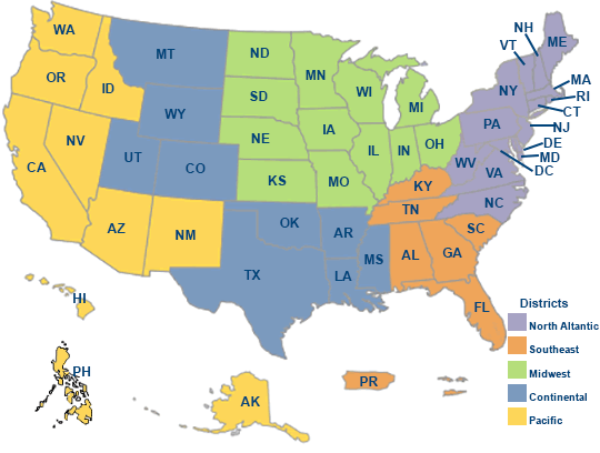 Map of the United States and Regions of the Veterans Benefits Administration