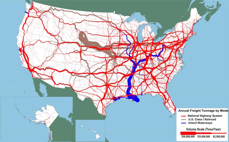 Map showing annual freight tonnage by transportation mode