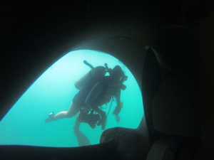 Sam dives under ship