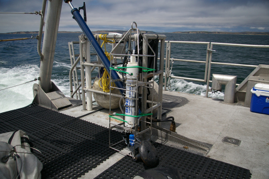 The CTD is deployed down to a depth that is 5 meters above the surface and collects conductivity, temperature, and depth data.