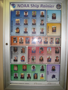 This is the Crew Board for all team members currently aboard the Rainier.  ENS Micki Ream updates the crew board each leg. 