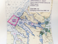 This image shows the project on the North side of Kodiak Island.  The project area is split into sheets.  Sheet 6 is highlighted in pink.  (Photo Courtesy NOAA and Project Instruction packet.)