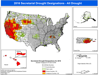 map shows counties subject to USDA drought declarations