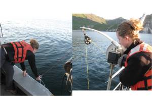 Left - Releasing the CTD from one of the launches. Right - Controlling the CTD as it is dropped from the surface to the bottom.