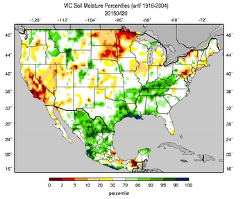 map of US and Mexico shows soil moisture percentiles for a certain date