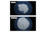 Two maps that compare the extent of Antarctic sea ice in February 2015 and October 2015.