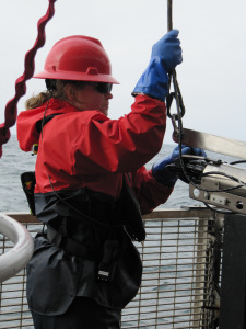 Kathy is busy on the hero deck connecting plankton nets to be lowered over the side. 