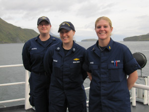 NOAA Corps Officers - Rene, Sarah, and Amber taking a break from their duties to pose for a picture.
