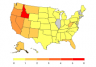 Map of the United States that shows the average annual acreage burned by wildfires in each state from 1984 to 2014.