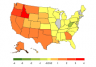 Map of the United States that shows how annual burned acreage has changed over time in each state from 1984 to 2014.